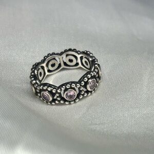 PANDORA Sterling-Style Silver Band Ring with Light Purple Stones size 6